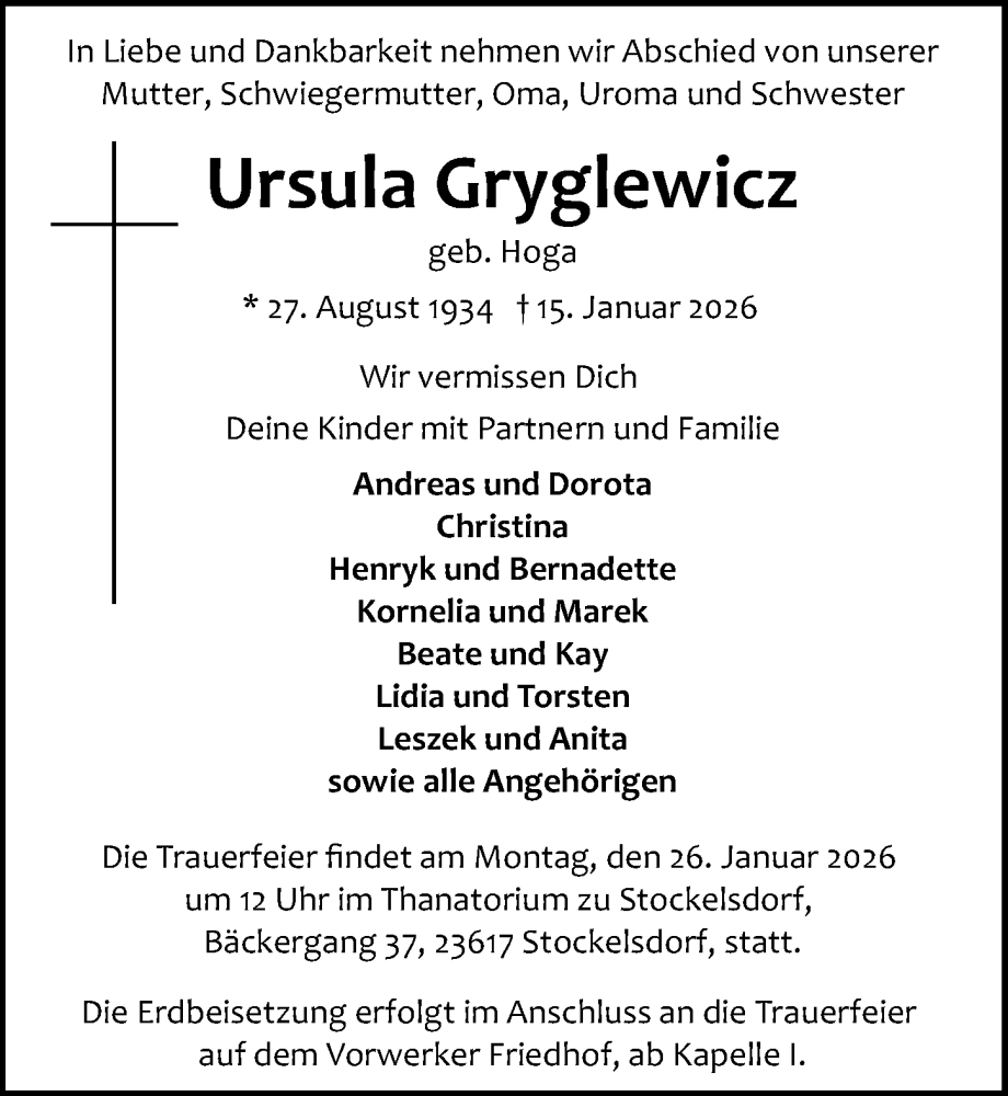  Traueranzeige für Ursula Gryglewicz vom 21.01.2026 aus Lübecker Nachrichten
