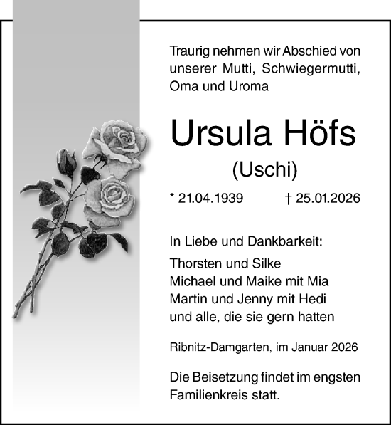 Traueranzeige von Ursula Höfs von Ostsee-Zeitung GmbH
