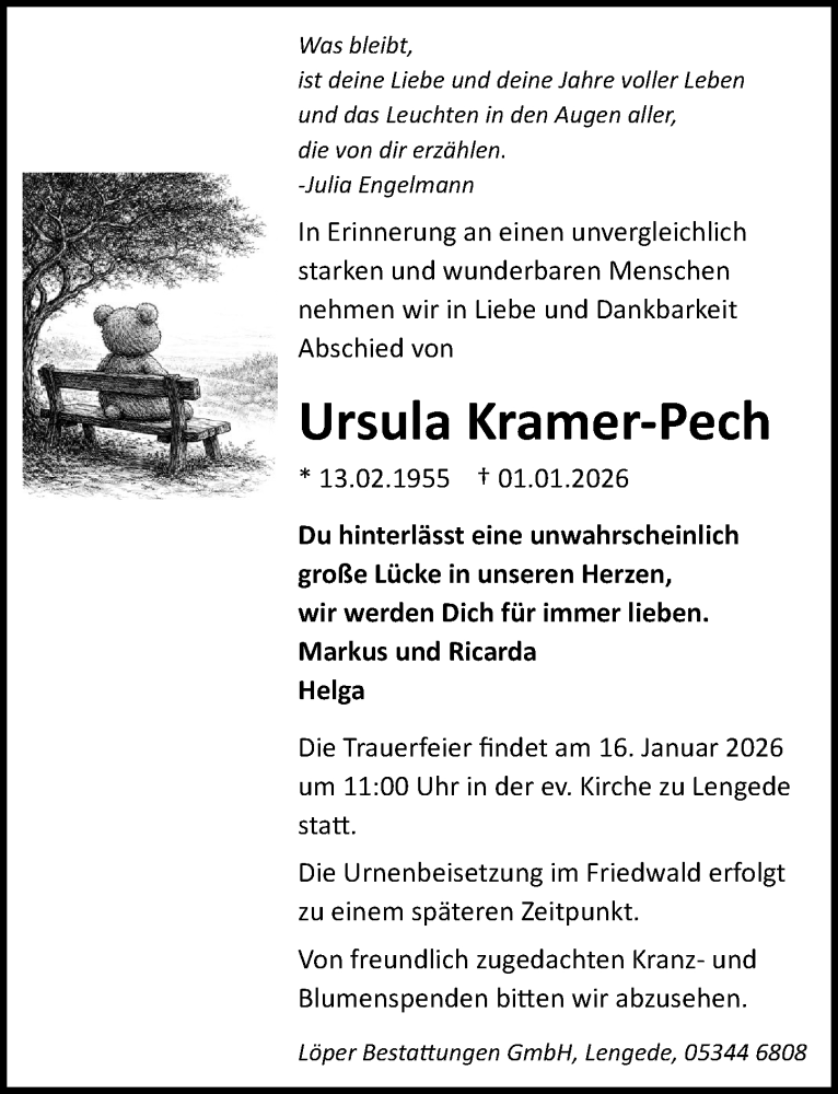  Traueranzeige für Ursula Kramer-Pech vom 10.01.2026 aus Peiner Allgemeine Zeitung