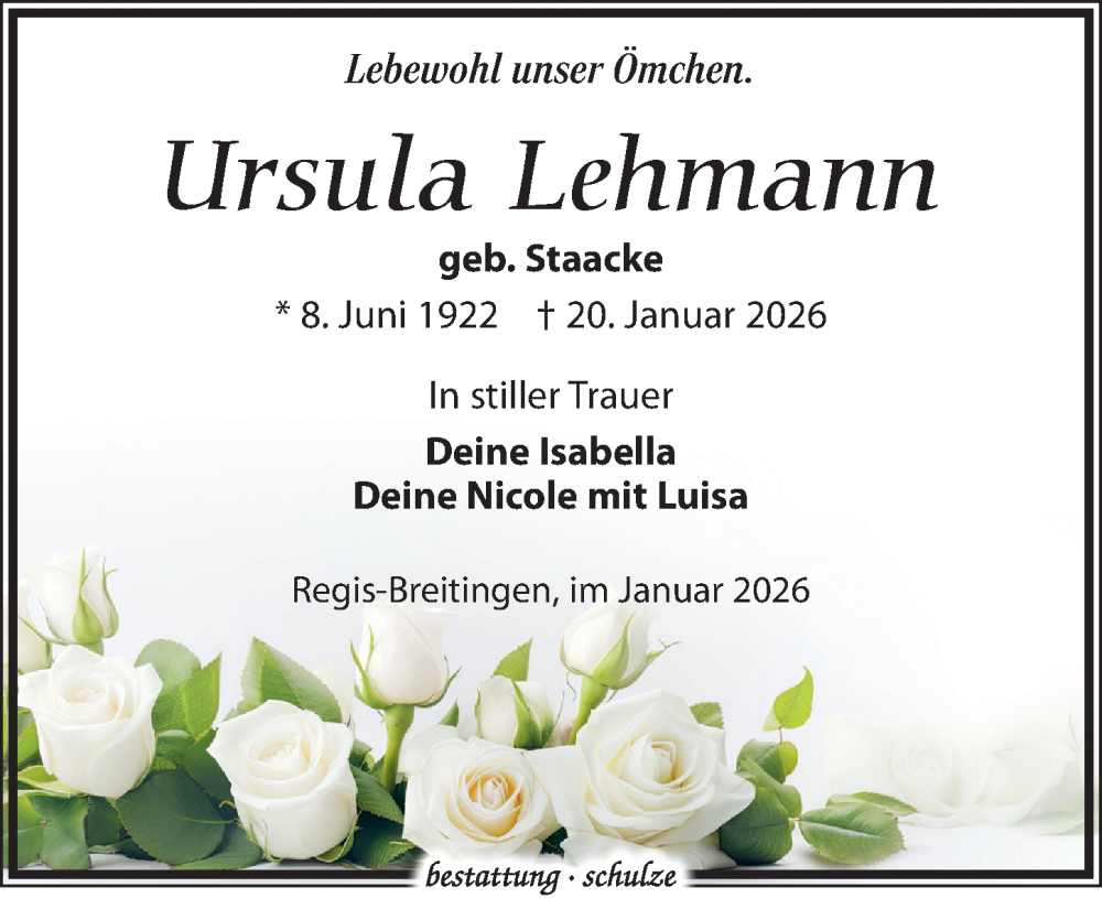  Traueranzeige für Ursula Lehmann vom 31.01.2026 aus Leipziger Volkszeitung