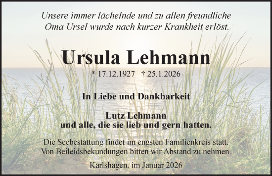 Traueranzeige von Ursula Lehmann von Ostsee-Zeitung GmbH