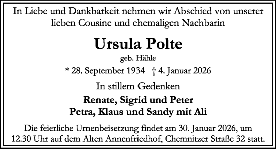 Traueranzeige von Ursula Polte von Sächsische Zeitung