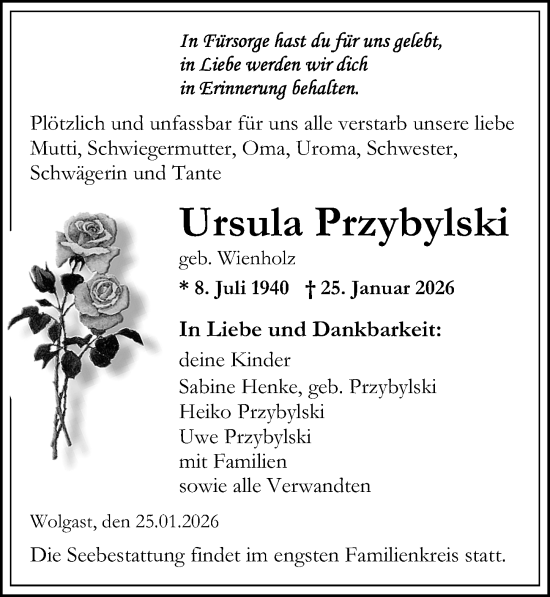 Traueranzeige von Ursula Przybylski von Ostsee-Zeitung GmbH