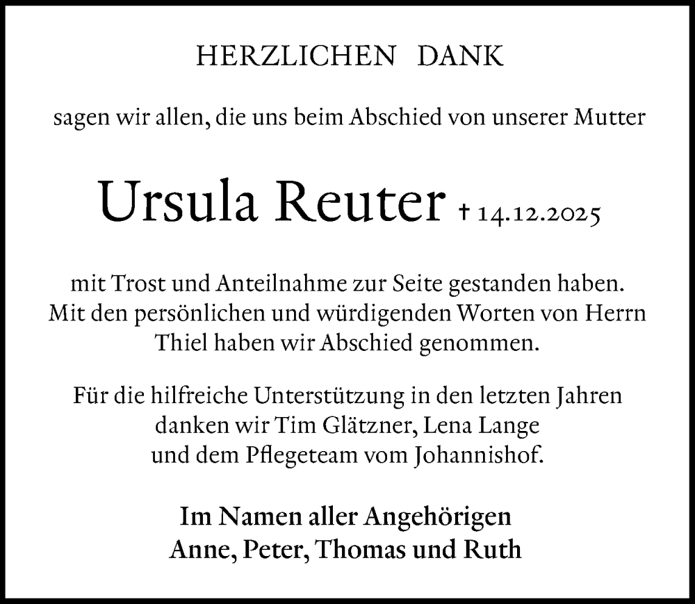  Traueranzeige für Ursula Reuter vom 24.01.2026 aus Göttinger Tageblatt