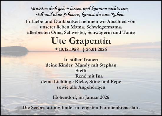 Traueranzeige von Ute Grapentin von Ostsee-Zeitung GmbH