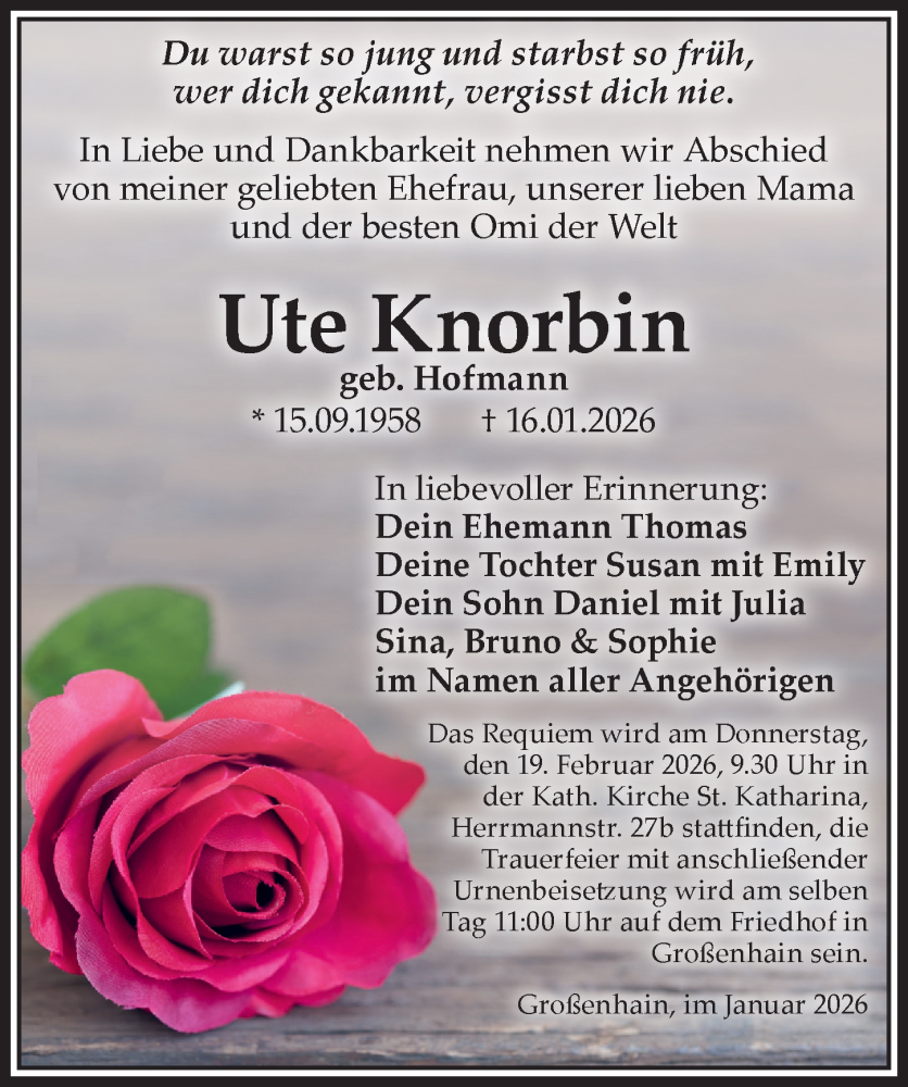  Traueranzeige für Ute Knorbin vom 31.01.2026 aus Sächsische Zeitung
