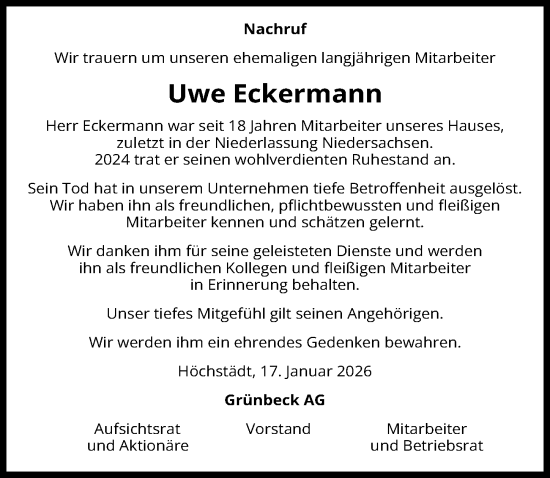 Traueranzeige von Uwe Eckermann von Peiner Allgemeine Zeitung