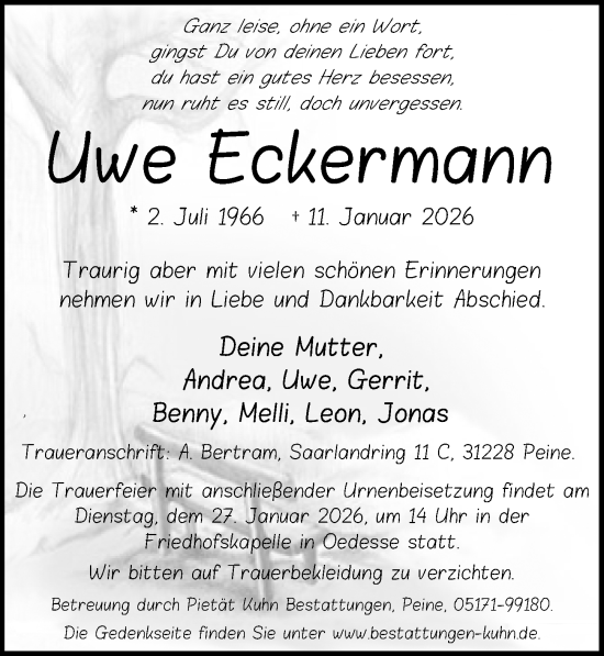Traueranzeige von Uwe Eckermann von Peiner Allgemeine Zeitung