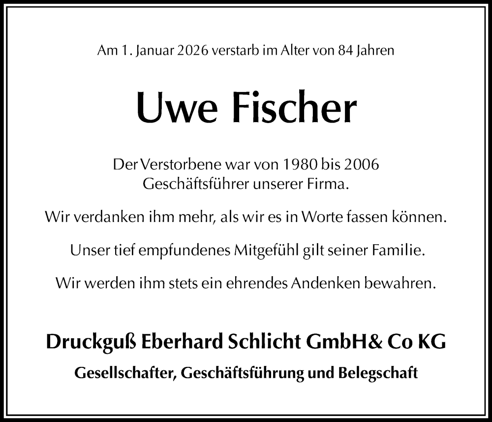  Traueranzeige für Uwe Fischer vom 10.01.2026 aus Täglicher Anzeiger Holzminden