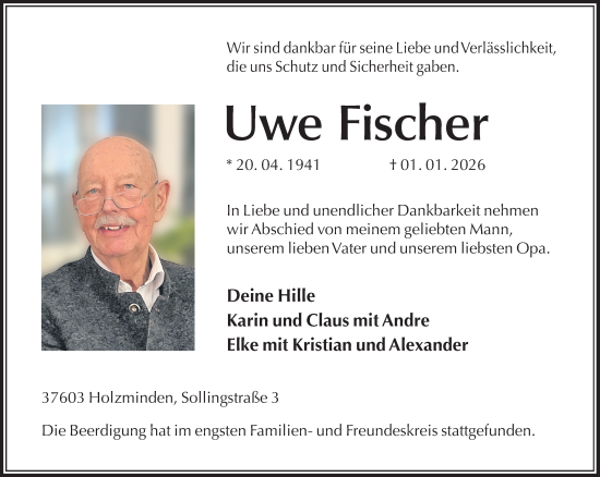 Traueranzeige von Uwe Fischer von Täglicher Anzeiger Holzminden