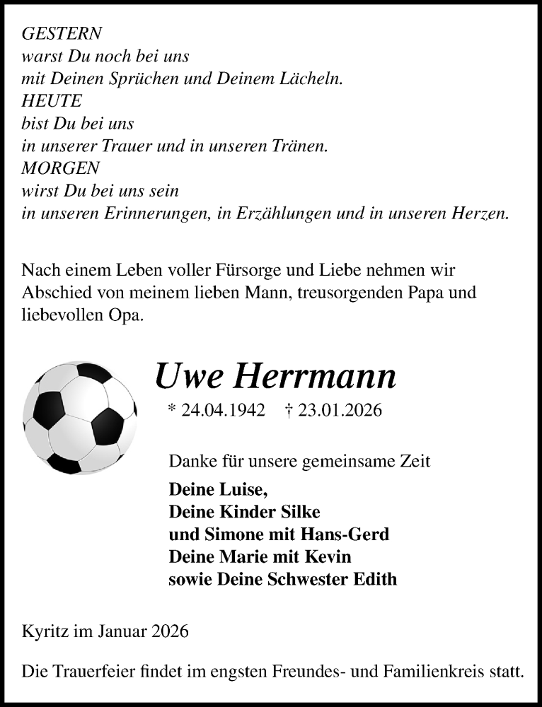  Traueranzeige für Uwe Herrmann vom 31.01.2026 aus Wochenspiegel