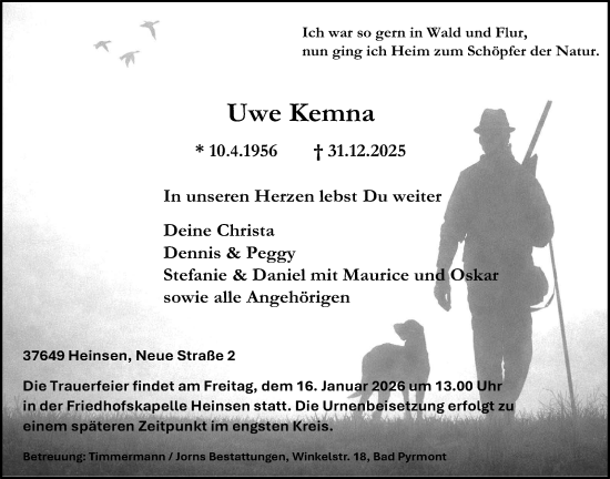 Traueranzeige von Uwe Kemna von Täglicher Anzeiger Holzminden