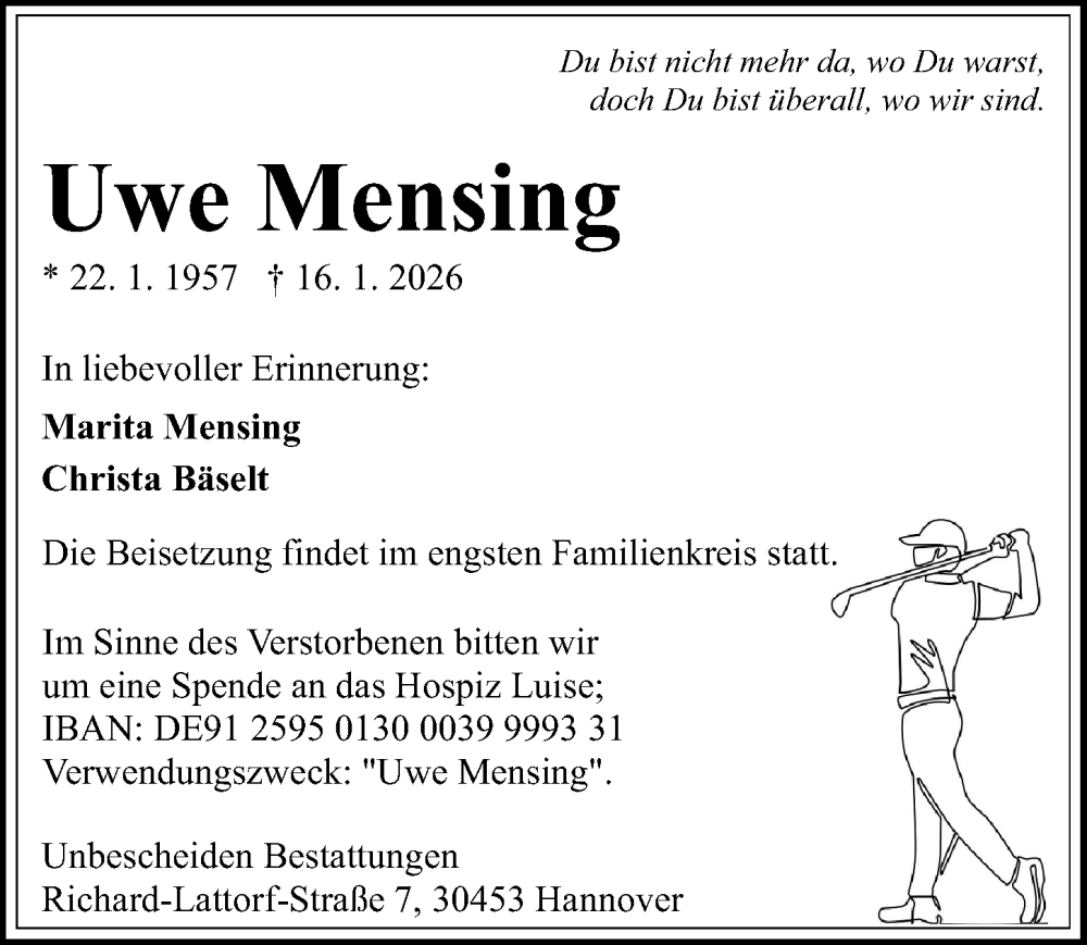  Traueranzeige für Uwe Mensing vom 24.01.2026 aus Hannoversche Allgemeine Zeitung/Neue Presse