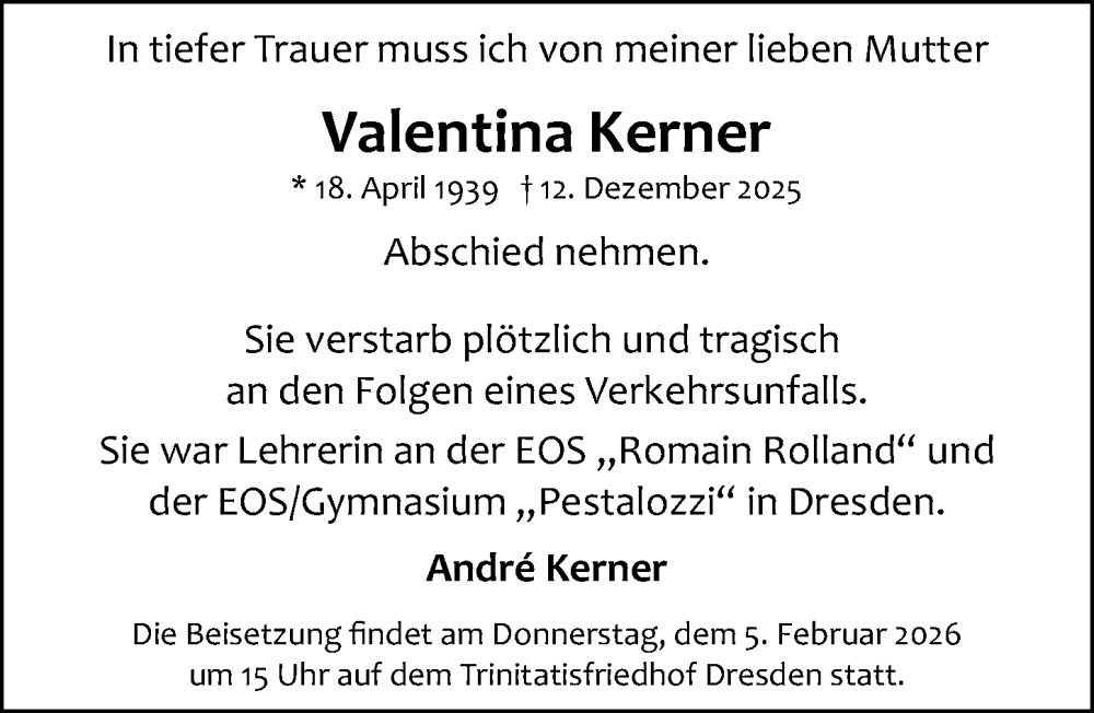  Traueranzeige für Valentina Kerner vom 17.01.2026 aus Sächsische Zeitung