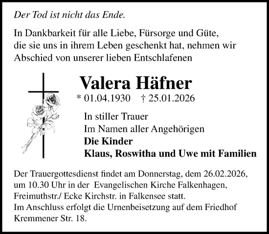 Traueranzeige von Valera Häfner von Märkischen Allgemeine Zeitung
