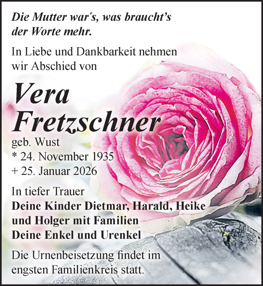  Traueranzeige für Vera Fretzschner vom 31.01.2026 aus Leipziger Volkszeitung