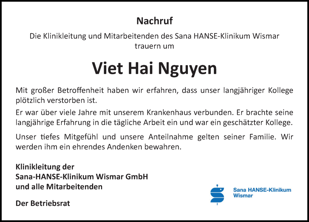  Traueranzeige für Viet Hai Nguyen vom 31.01.2026 aus Ostsee-Zeitung GmbH