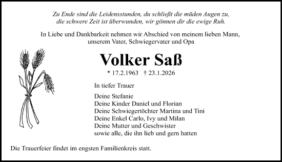 Traueranzeige von Volker Saß von Ostsee-Zeitung GmbH
