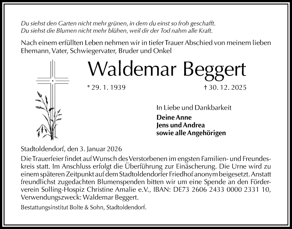  Traueranzeige für Waldemar Beggert vom 03.01.2026 aus Täglicher Anzeiger Holzminden