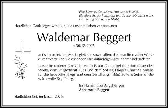 Traueranzeige von Waldemar Beggert von Täglicher Anzeiger Holzminden