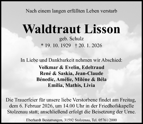 Traueranzeige von Waldtraut Lisson von Die Harke