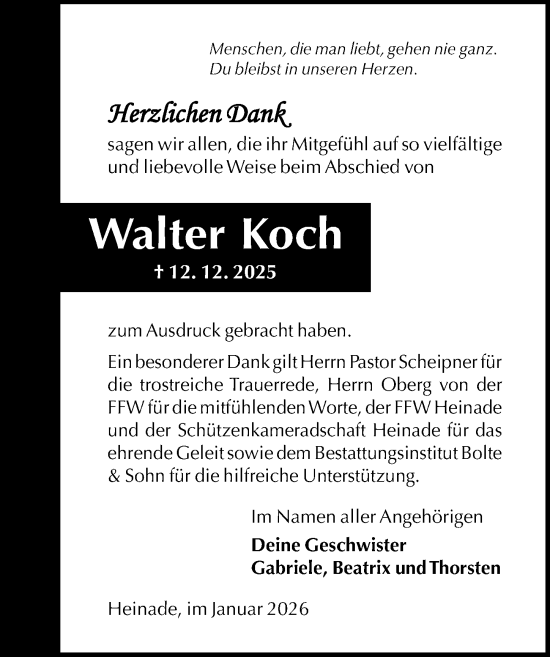 Traueranzeige von Walter Koch von Täglicher Anzeiger Holzminden