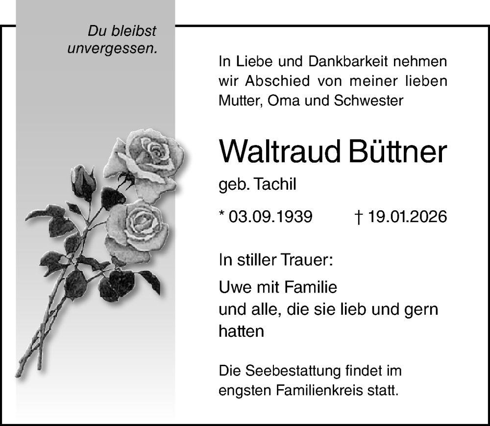  Traueranzeige für Waltraud Büttner vom 24.01.2026 aus Ostsee-Zeitung GmbH