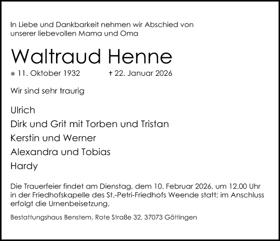 Traueranzeige von Waltraud Henne von Göttinger Tageblatt