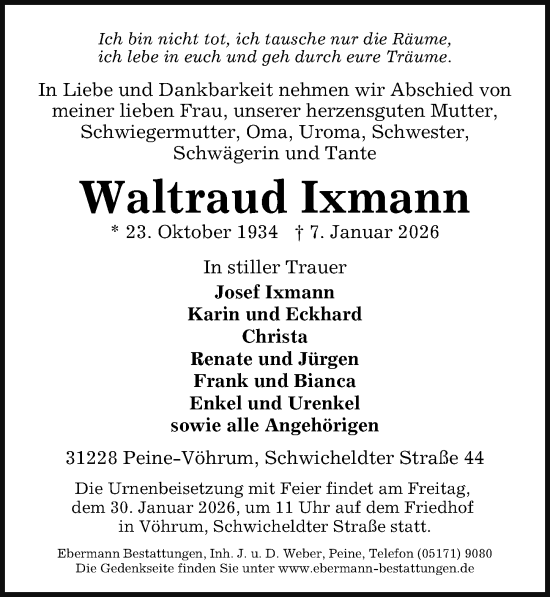 Traueranzeige von Waltraud Ixmann von Peiner Allgemeine Zeitung