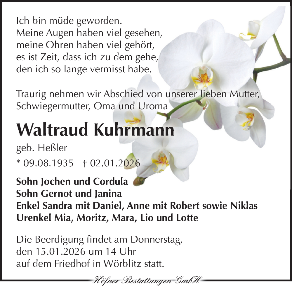  Traueranzeige für Waltraud Kuhrmann vom 10.01.2026 aus Torgauer Zeitung