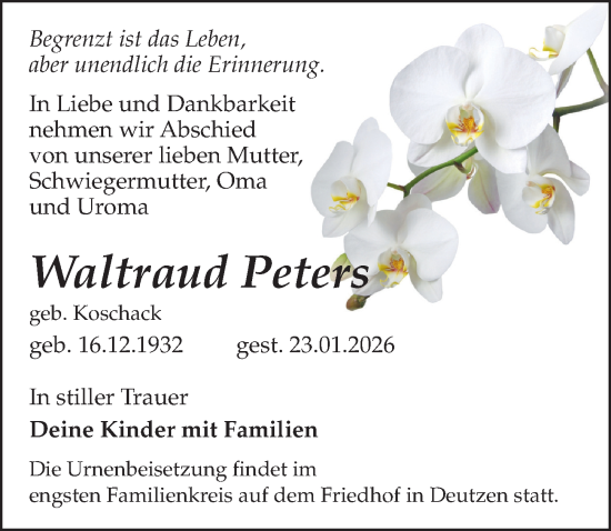 Traueranzeige von Waltraud Peters von Leipziger Volkszeitung