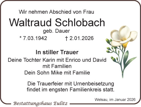 Traueranzeige von Waltraud Schlobach von Torgauer Zeitung