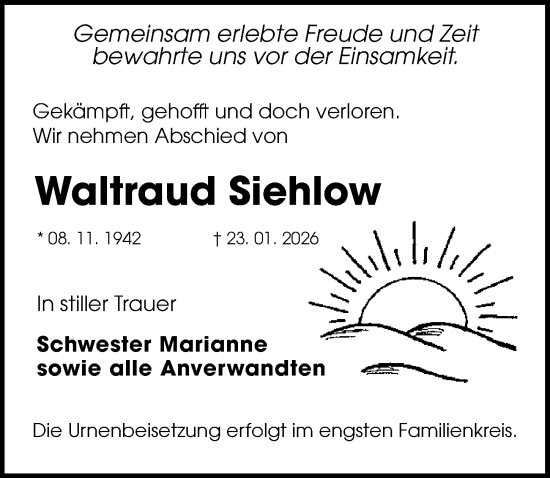Traueranzeige von Waltraud Siehlow von Sächsische Zeitung