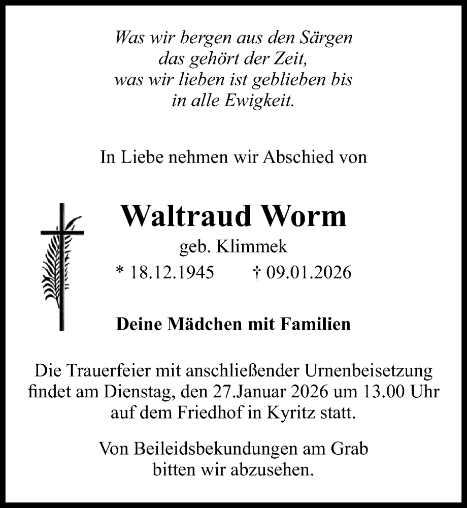  Traueranzeige für Waltraud Worm vom 17.01.2026 aus Wochenspiegel