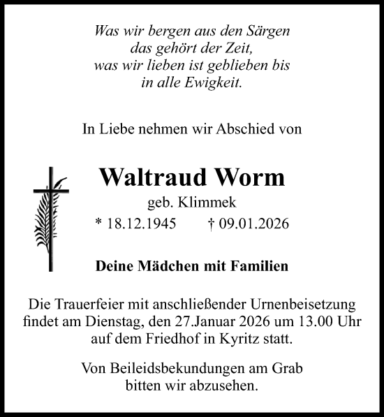 Traueranzeige von Waltraud Worm von Wochenspiegel