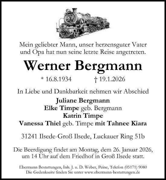 Traueranzeige von Werner Bergmann von Peiner Allgemeine Zeitung