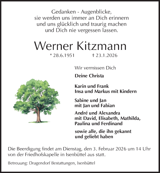 Traueranzeige von Werner Kitzmann von Aller Zeitung