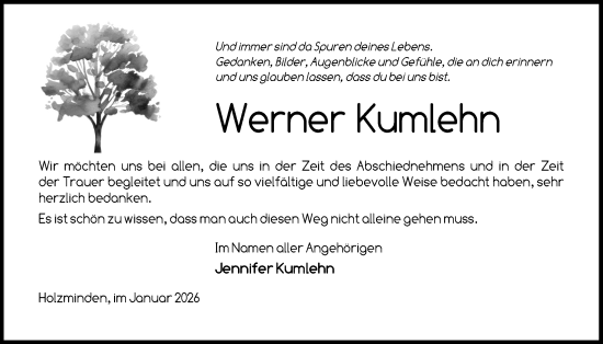 Traueranzeige von Werner Kumlehn von Täglicher Anzeiger Holzminden