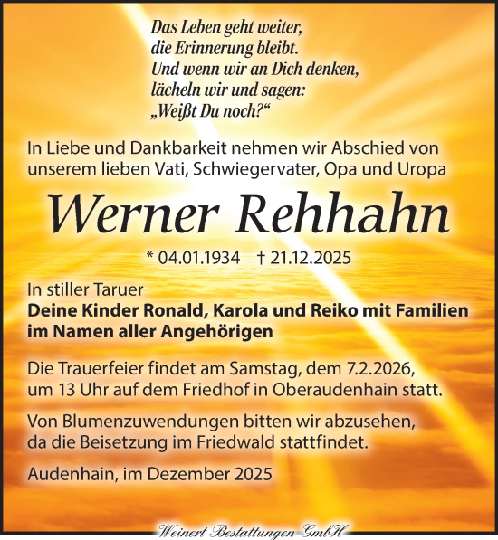 Traueranzeige von Werner Rehhahn von Torgauer Zeitung