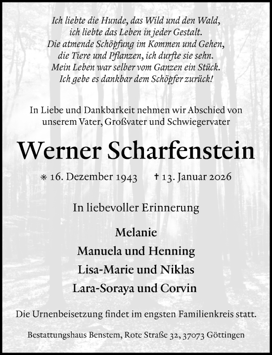 Traueranzeige von Werner Scharfenstein von Göttinger Tageblatt