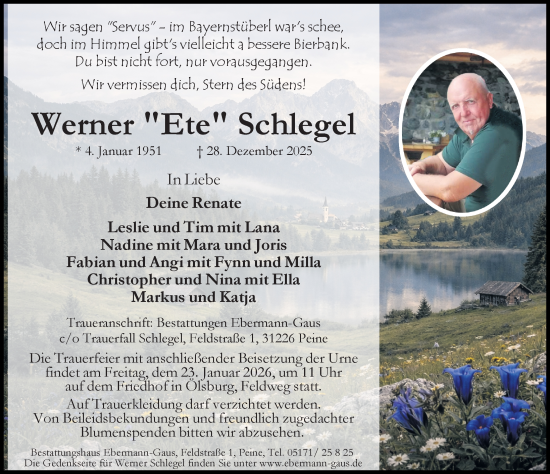 Traueranzeige von Werner Schlegel von Peiner Allgemeine Zeitung