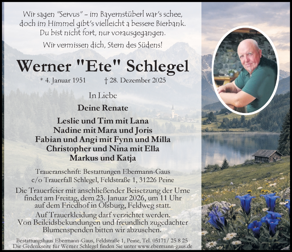  Traueranzeige für Werner Schlegel vom 10.01.2026 aus Peiner Allgemeine Zeitung