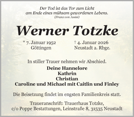 Traueranzeige von Werner Totzke von Göttinger Tageblatt
