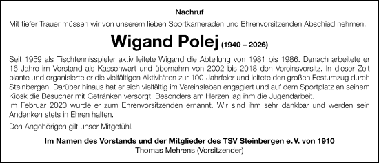 Traueranzeige von Wigand Polej von Schaumburger Nachrichten und Schaumburger Zeitung/ Landes-Zeitung