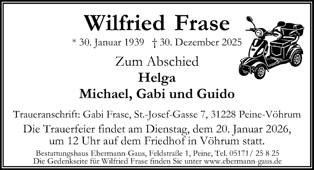  Traueranzeige für Wilfried Frase vom 17.01.2026 aus Peiner Allgemeine Zeitung