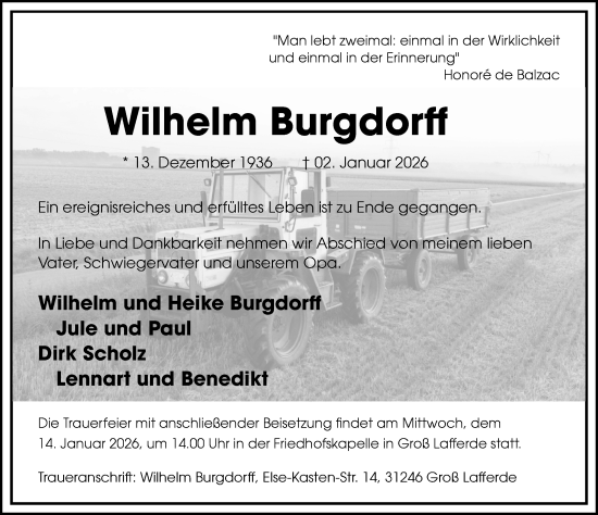 Traueranzeige von Wilhelm Burgdorff von Peiner Allgemeine Zeitung