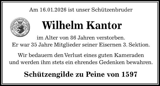 Traueranzeige von Wilhelm Kantor von Peiner Allgemeine Zeitung
