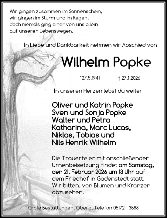 Traueranzeige von Wilhelm Popke von Peiner Allgemeine Zeitung
