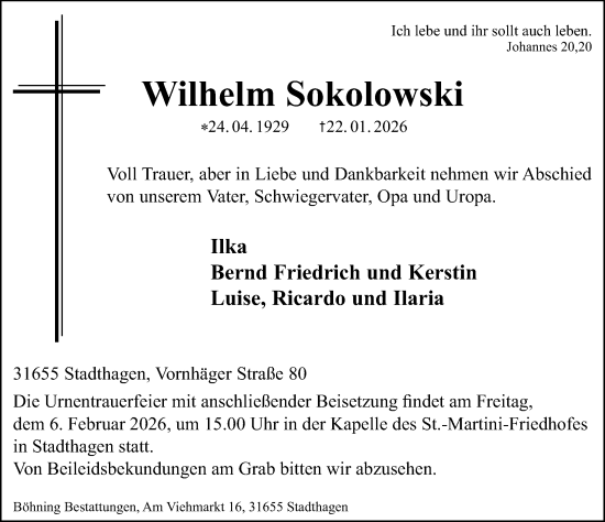 Traueranzeige von Wilhelm Sokolowski von Schaumburger Nachrichten