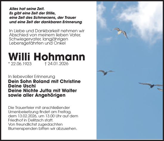 Traueranzeige von Willi Hohmann von Leipziger Volkszeitung